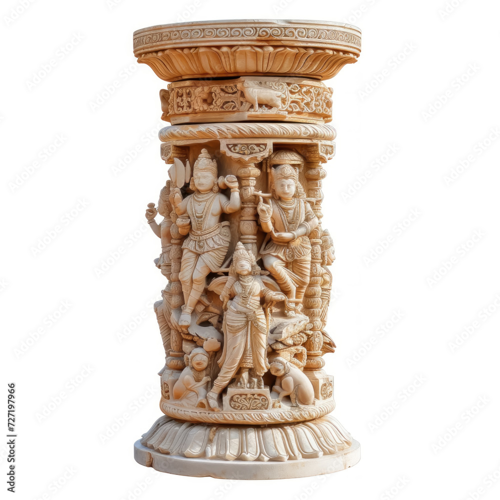 Indian Vedic pillar with intricate carvings of deities, column of marble of a indian temple, isolated on white background 