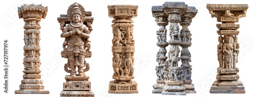 set of Indian Vedic pillar with intricate carvings of deities, column of marble of a indian temple, isolated on white background or transparent background, png cutout photo