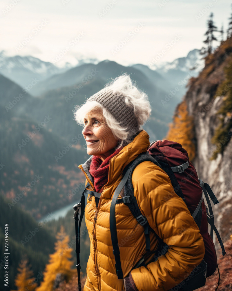 Attractive senior woman walking outdoors in nature at sunset, hiking.