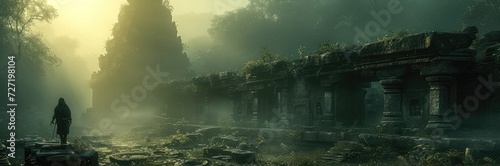 An explorer navigating a jungle  discovering ancient ruins shaped like crypto symbols