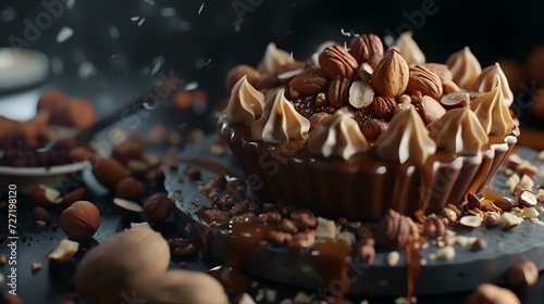 Delicious cupcake with nuts and caramel on table, closeup