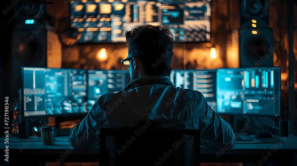 A visual exploration of cyber security, featuring a hacker in a dark room surrounded by screens with code A visual exploration of cyber security, featuring a hacker in a dark room surrounded by screens with code