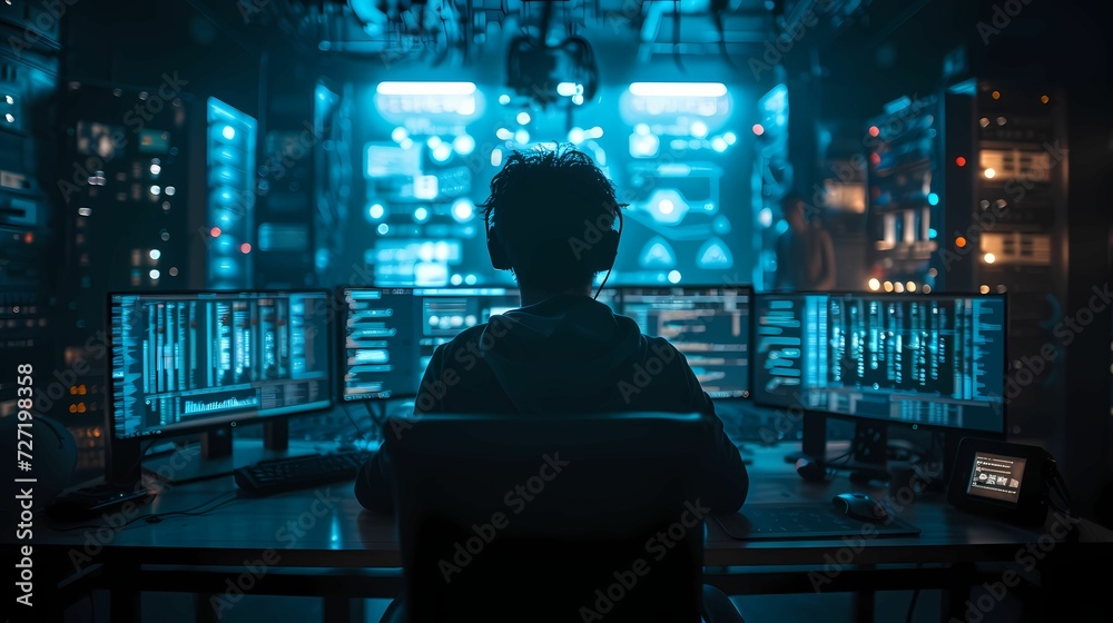 A visual exploration of cyber security, featuring a hacker in a dark room surrounded by screens with code A visual exploration of cyber security, featuring a hacker in a dark room surrounded by screens with code