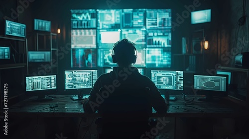 A visual exploration of cyber security, featuring a hacker in a dark room surrounded by screens with code