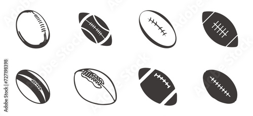 American football icon set. Rugby ball icons. Black rugby balls.