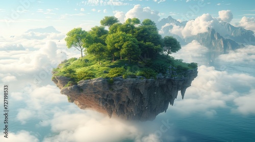 3D illustration of a floating island with mountains, trees, and animals isolated in the clouds. photo