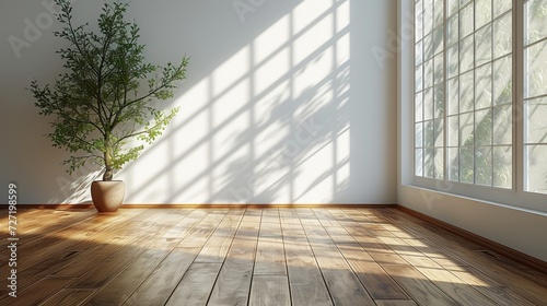 3D model of an empty room with wood laminate floor and sun-cast shadows cast on the wall. Conceptual illustration of minimalism in interior design.
