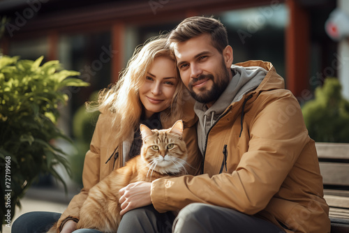Adult couple at outdoors with a cat