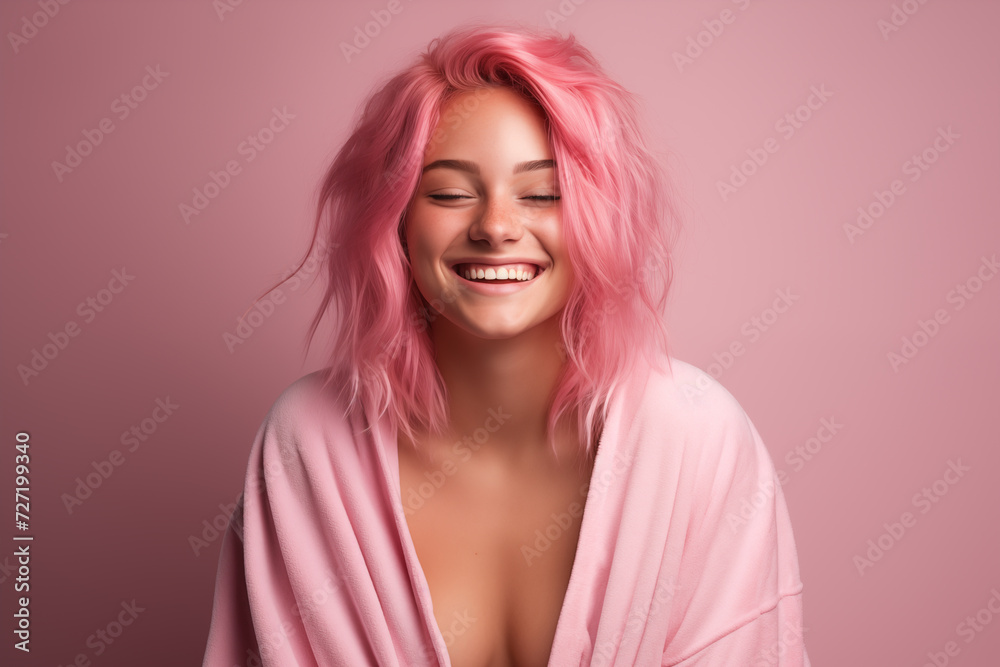 Young pink haired woman over isolated colorful background in a bathrobe