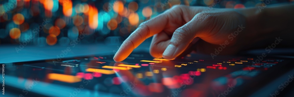 An investor's hand hovering over a tablet, controlling a virtual portfolio of stocks and assets An investor's hand hovering over a tablet, controlling a virtual portfolio of stocks and assets