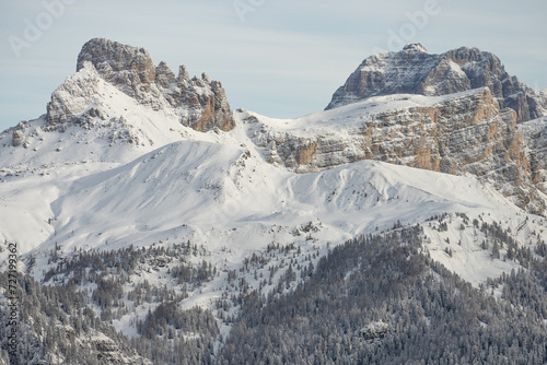 Civetta resort. Panoramic view of the Dolomites mountains in winter  Italy. Ski resort in Dolomites  Italy. Aerial  drone view of ski slopes and mountains in dolomites.