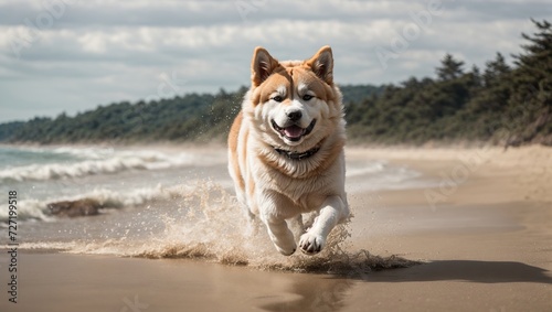 Akita dog running very fast on beach