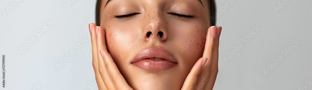 A captivating portrait featuring a woman modeling makeup, ideal for promoting face wash products, her hand delicately touching her fresh face. A captivating portrait featuring a woman modeling makeup, ideal for promoting face wash products, her hand delicately touching her fresh face.