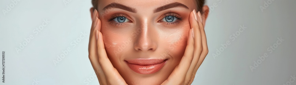A captivating portrait featuring a woman modeling makeup, ideal for promoting face wash products, her hand delicately touching her fresh face. - obrazy, fototapety, plakaty 