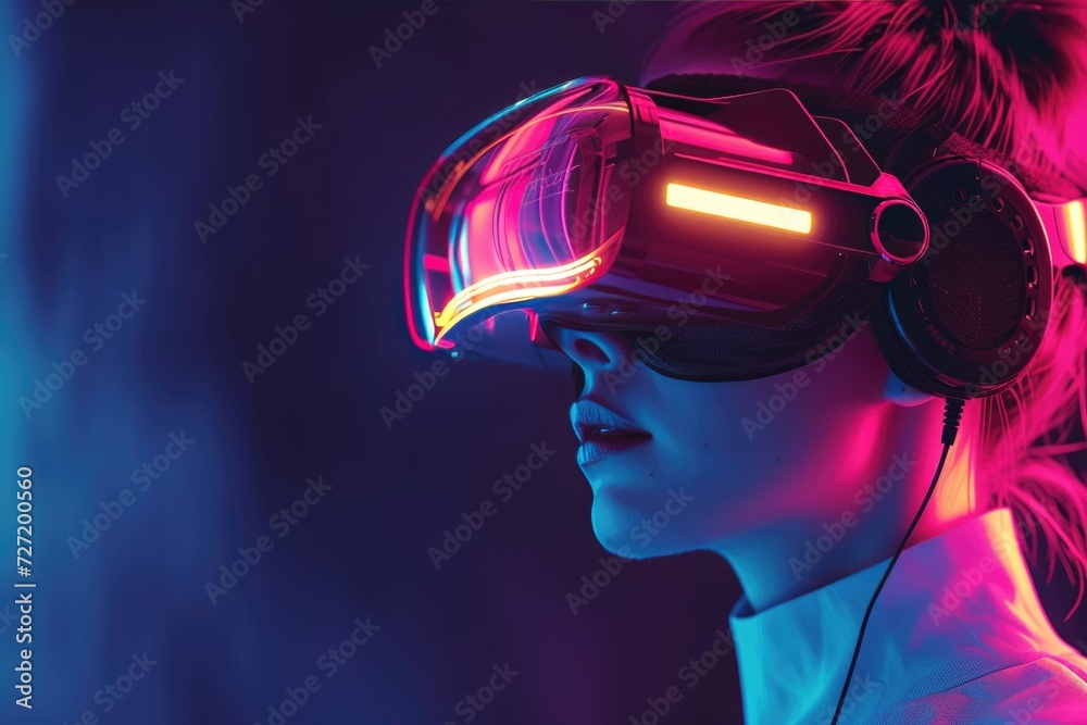 woman in virtual reality glasses explores the virtual world. virtual games concept. woman in virtual reality glasses explores the virtual world. virtual games concept.