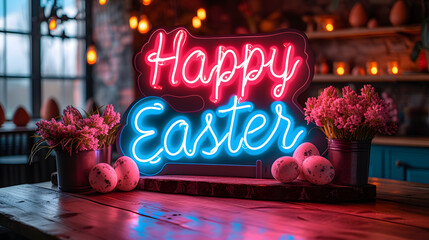Happy Easter neon sign on a wooden table with flowers in a pot and easter eggs.