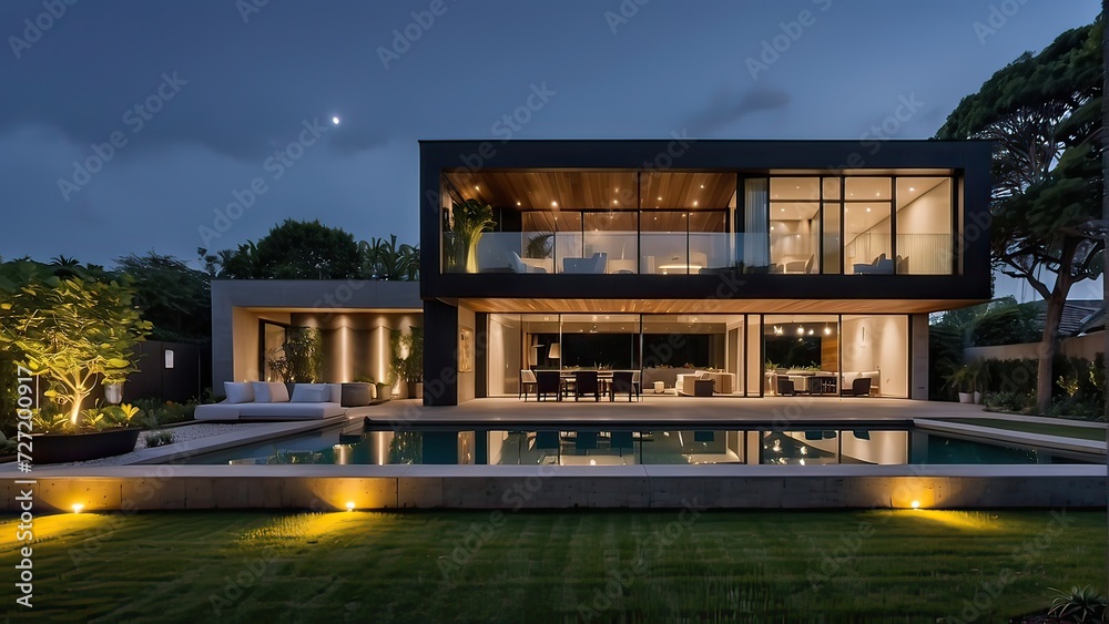 a lavish modern home's exterior featuring a garden and nighttime illumination