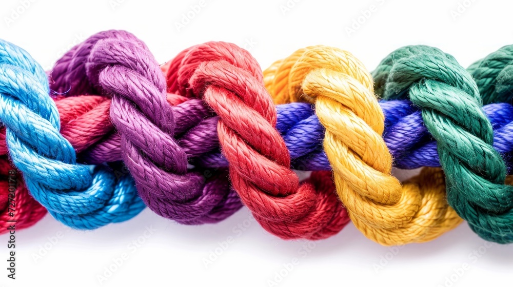 Rainbow knotted together isolated on white background. Creative cooperation and teamwork concept.