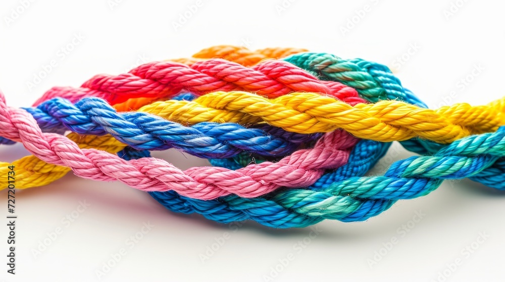 Rainbow knotted together isolated on white background. Creative cooperation and teamwork concept.