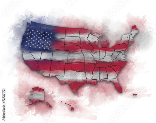 UNITED STATES MAP WATERCOLOR STYLE WITH FLAG
