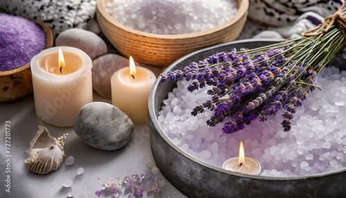 spiritual aura cleansing ritual bath for full moon ritual candles aroma salt and lavender on tub table close up