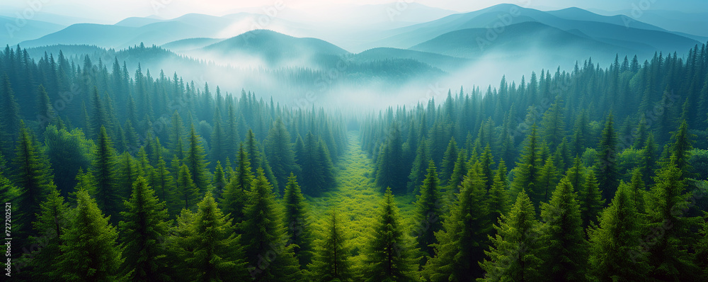 Foggy Mountain Landscape with Trees and Clouds Foggy Mountain Landscape with Trees and Clouds
