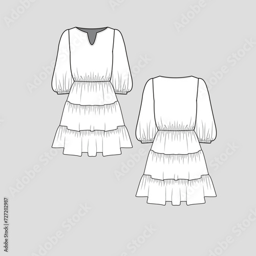 Gathering Lantern Sleeve Tiered Ruffles Dress Notch neck ruched Gathering Elbow Sleeve gathering ruffle hem dress fashion t shirt top blouse flat sketch technical drawing template design vector