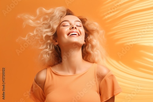 Vibrant Joy Portrait of the vibrant joy of a young woman, her smiling pose radiating happiness against a bright wall orange background. Generative AI.