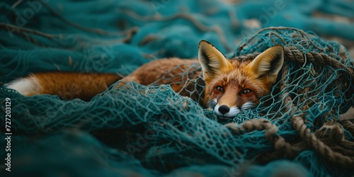 A Beautiful Red Fox Caught in a Bright Blue Fishing Net, Looking Helpless and Trapped in the Midst of Its Natural Habitat, Struggling to Escape the Confines of Its Unfortunate Circumstance photo