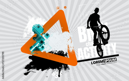 Vector banner or flyer with cyclist on the bike. Abstract poster of BMX competitions sport template.