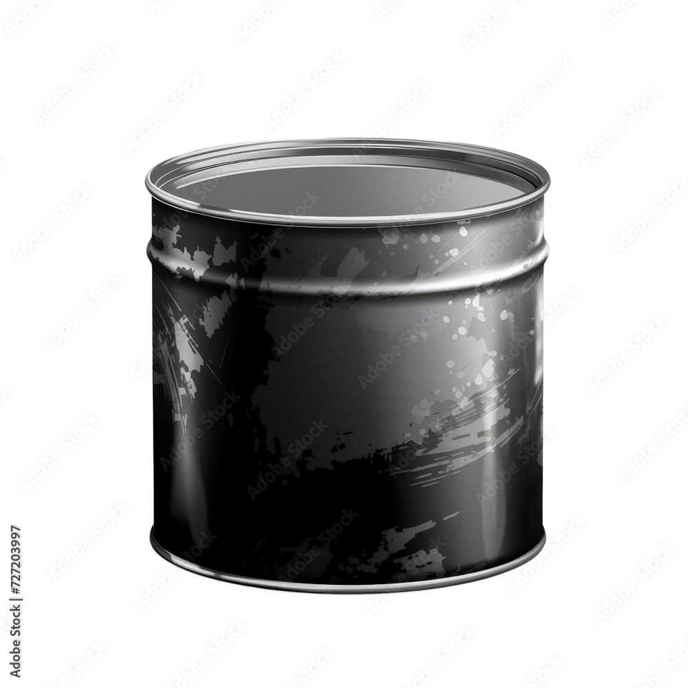 A glossy black metal paint tin, empty and ready for branding.