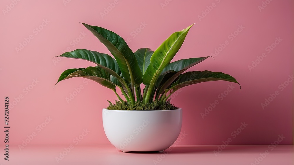 a vibrant Triostar house plant in a pod set against a pink background with copy space. - obrazy, fototapety, plakaty 