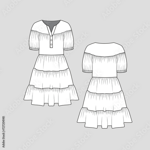 Gathering Tiered Dress Ruched gathering hem Henley Neck Button panel Peplum dresses Fashion flat sketch technical drawing template design vector