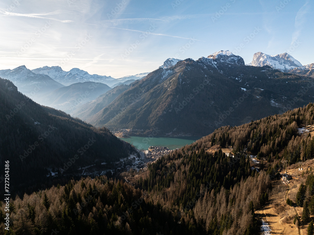 Alleghe  village in the province of Belluno in the Italian region of Veneto. Panoramic view of the Dolomites mountains in winter, Italy. Alleghe Ski resort in Dolomites, Italy. 