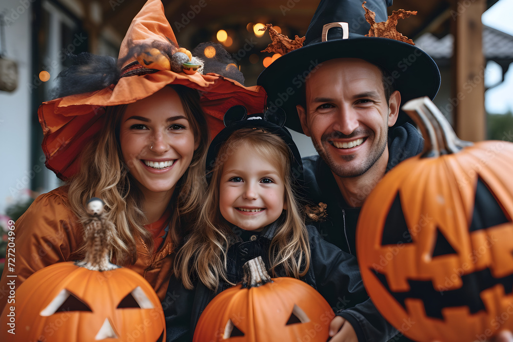 A happy family dressed in Halloween costumes walking in the street for trick or treating. A happy family dressed in Halloween costumes walking in the street for trick or treating.
