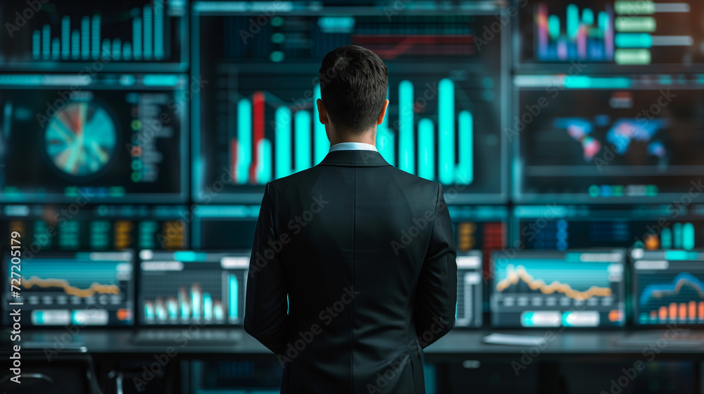 Back of a businessman in front of professional key performance indicator KPI metrics dashboard with screens and charts for sales and business results evaluation and KPI review. Back of a businessman in front of professional key performance indicator KPI metrics dashboard with screens and charts for sales and business results evaluation and KPI review.