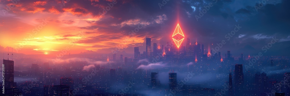 Futuristic cityscape with Ethereum logos glowing on skyscrapers at night