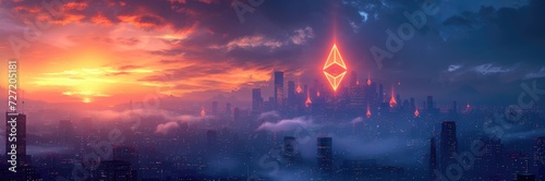 Futuristic cityscape with Ethereum logos glowing on skyscrapers at night