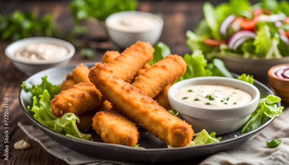 Deep fried battered Mozzarella cheese sticks with fresh green salad and