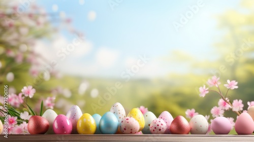 Easter eggs, empty wooden tabletop and blurred spring meadow as background. Image for display your product.