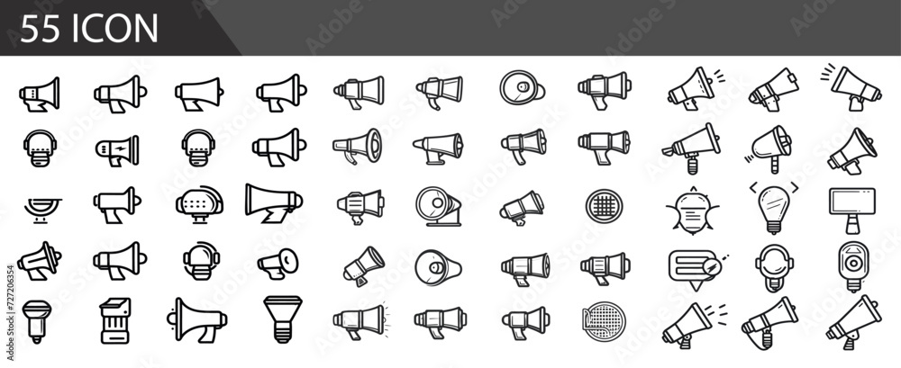 Megaphone icons set. Electric megaphone symbol with sound. Loudspeaker megaphone icon collection