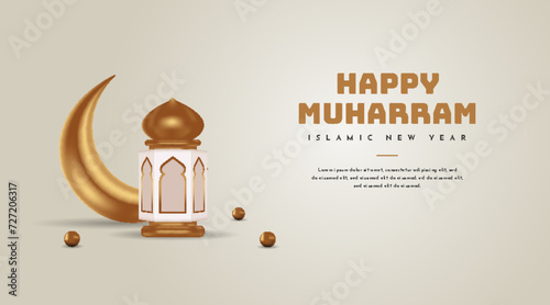 Islamic background, lantern, silver crescent moon on cream. Design concept of muharram, ramadan kareem, mawlid, iftar,isra and miraj or eid al fitr adha, copy space text area, 3D illustration.