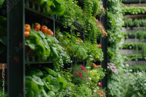 Close up shelves with salad, greens and young microgreens in pots at daylight on hydroponic vertical farms. Concept of agriculture business of future  © Sunny