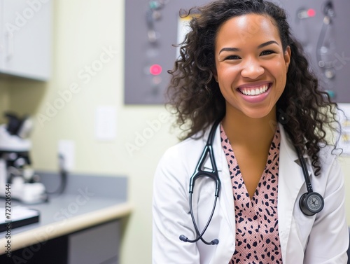 A friendly smiling African-American female doctor in a medical office. Portrait of a happy black female doctor.