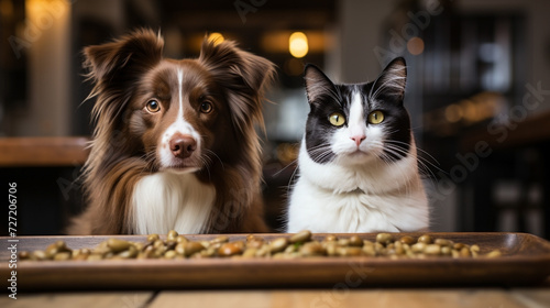 a cute hungry domestic cat and a dog waiting for food and sitting on the floor in an innocent looking, a food bowl next to them   