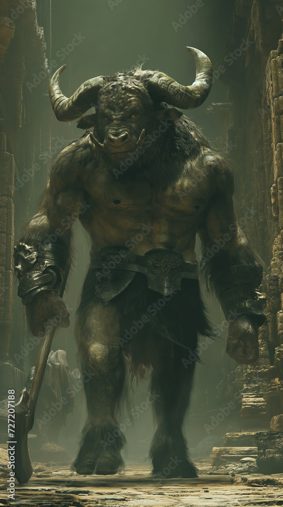 Fototapeta premium Fearsome Minotaur in Ancient Labyrinth - greek mythology - mythical