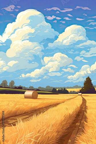 Farmland Grain Field Hay Stack. Abstract Watercolor Cartoon Illustration Art in Flat Coating Style. Minimalist  Cartoon Style with Solid Colors and Bright Tones. Landscape Background