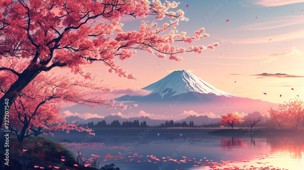 Traditional Japanese landscape featuring a blooming cherry blossom tree in the foreground. Generate AI. - obrazy, fototapety, plakaty 