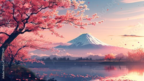 Traditional Japanese landscape featuring a blooming cherry blossom tree in the foreground. Generate AI. photo