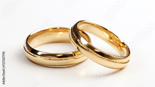 Gold wedding rings on a solid white background